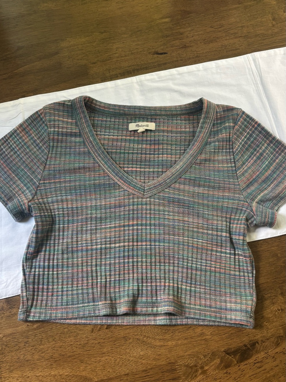 Madewell Multicolor Ribbed V-Neck Cropped Top - Pastel Stripes Women’s Medium